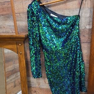 Sequin One Shoulder Dress - Blue and Green